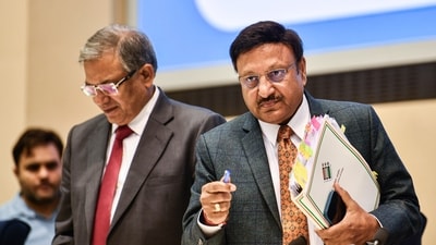 Chief Election Commissioner Rajiv Kumar and Election Commissioner Gyanesh Kumar during a press conference on Maharashtra and Jharkhand assembly elections in New Delhi on Tuesday. (ANI) Chief Election Commissioner Rajiv Kumar and Election Commissioner Gyanesh Kumar during a press conference on Maharashtra and Jharkhand assembly elections in New Delhi on Tuesday. (ANI)