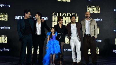Varun Dhawan, Samantha Ruth Prabhu pose with the rest of the cast members of the show at the trailer launch. The origins of Priyanka Chopra's character Nadia in the UK version of the show will be explored in Citadel: Honey Bunny. 