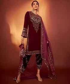 Like Pooja Hegde, slip into a velvet salwar suit in burgundy for the festive season (Photo: Instagram) Like Pooja Hegde, slip into a velvet salwar suit in burgundy for the festive season (Photo: Instagram)