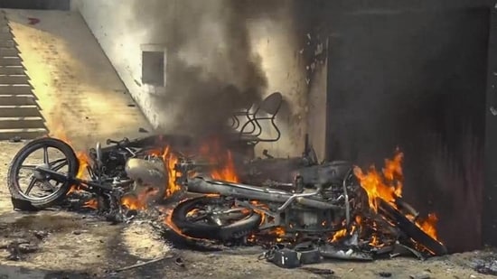 Bikes burnt following Sunday night violence during Durga idol immersion in Bahraich. (PTI)