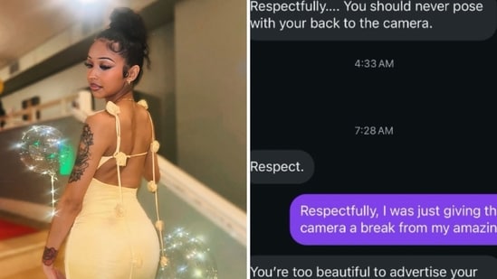 The image shows the woman’s backless dress that prompted a series of rude messages from a man. (Threads/@thediazjo)