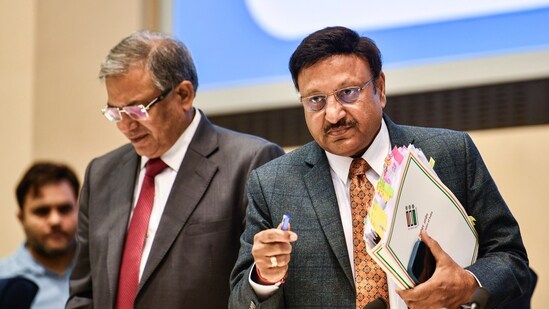 Chief Election Commissioner Rajiv Kumar and Election Commissioner Gyanesh Kumar during a press conference on Maharashtra and Jharkhand assembly elections in New Delhi on Tuesday. (ANI)