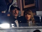 Oct 14, 2024; Bronx, New York, USA; Recording artist Taylor Swift and Kansas City Chiefs tight end Travis Kelce watch game one of the ALCS for the 2024 MLB Playoffs between the New York Yankees and the Cleveland Guardians at Yankee Stadium. Mandatory Credit: Vincent Carchietta-Imagn Images