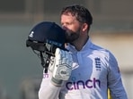 England's Ben Duckett celebrates after scoring a century against Pakistan.