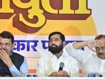 Maharashtra chief minister Eknath Shinde, state Deputy Chief Ministers Devendra Fadnavis and Ajit Pawar during a press conference in Mumbai.