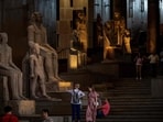 A picture shows ancient Egyptian colossal statues along the Grand Staircase at the Grand Egyptian Museum in Giza during the trial operation of the Grand Egyptian Museum. Grand Egyptian Museum’s long-awaited trial run starts: Here’s why you need to visit now 
