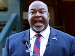 North Carolina Lt. Gov. Mark Robinson speaks at a news conference in Raleigh, N.C., Tuesday, Oct. 15, 2024. (AP Photo/Karl B DeBlaker)