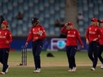 England players walk off after losing to West Indies' during the ICC Women's T20 World Cup 2024 match at Dubai International Stadium.