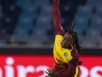 West Indies' Deandra Dottin bowls during the ICC Women's T20 World Cup 2024 match between England and West Indies. West Indies' Deandra Dottin bowls during the ICC Women's T20 World Cup 2024 match between England and West Indies.