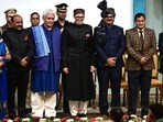 Jammu and Kashmir lieutenant governor Manoj Sinha with chief minister Omar Abdullah and other members of his cabinet at the swearing-in ceremony of the new J&K government in Srinagar on Wednesday. (Waseem Andrabi/HT)
