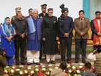 Jammu and Kashmir Lt. Governor Manoj Sinha, Chief Minister Omar Abdullah and other leaders at the swearing-in ceremony of new J&K government in Srinagar on Wednesday.