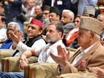 Leader of Opposition in Lok Sabha Rahul Gandhi, Samajwadi Party (SP) chief Akhilesh Yadav, CPI leader D Raja, AAP leader Sanjay Singh and others during the oath-taking ceremony of Jammu and Kashmir chief minister Omar Abdullah, in Srinagar. Leader of Opposition in Lok Sabha Rahul Gandhi, Samajwadi Party (SP) chief Akhilesh Yadav, CPI leader D Raja, AAP leader Sanjay Singh and others during the oath-taking ceremony of Jammu and Kashmir chief minister Omar Abdullah, in Srinagar.
