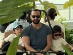 Saif Ali Khan was seen sitting in between Taimur and Jeh during a buggy ride at the airport.