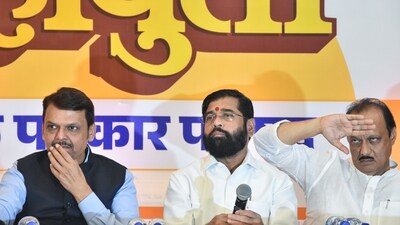 Maharashtra chief minister Eknath Shinde, state Deputy Chief Ministers Devendra Fadnavis and Ajit Pawar during a press conference in Mumbai. (ANI)