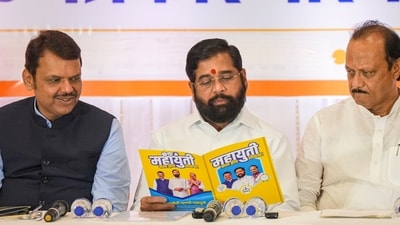 Maharashtra chief minister Eknath Shinde along with Dy CMs Devendra Fadnavis and Ajit Pawar during a press conference, in Mumbai on Oct. 16, 2024. (PTI)