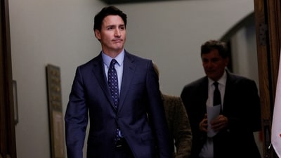 Canada's Prime Minister Justin Trudeau, with Minister of Foreign Affairs Melanie Joly, and Minister of Public Safety, Democratic Institutions and Intergovernmental Affairs Dominic LeBlanc, arrives to a press conference about the Royal Canadian Mounted Police's investigation into "violent criminal activity in Canada with connections to India", on Parliament Hill in Ottawa, Ontario, Canada. (REUTERS)