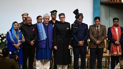 Jammu and Kashmir L-G Manoj Sinha with CM Omar Abdullah and other ministers at the swearing-in at Sher-i-Kashmir International Conference Centre in Srinagar. (FileWaseem Andrabi /HT) Jammu and Kashmir L-G Manoj Sinha with CM Omar Abdullah and other ministers at the swearing-in at Sher-i-Kashmir International Conference Centre in Srinagar. (FileWaseem Andrabi /HT)