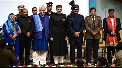 Jammu and Kashmir lieutenant governor Manoj Sinha with chief minister Omar Abdullah and other members of his cabinet at the swearing-in ceremony of the new J&K government in Srinagar on Wednesday. (Waseem Andrabi/HT) Jammu and Kashmir lieutenant governor Manoj Sinha with chief minister Omar Abdullah and other members of his cabinet at the swearing-in ceremony of the new J&K government in Srinagar on Wednesday. (Waseem Andrabi/HT)
