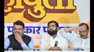 Mumbai, Oct 16 (ANI): Maharashtra Chief Minister Eknath Shinde, state Deputy Chief Ministers Devendra Fadnavis and Ajit Pawar during a press conference, in Mumbai on Wednesday. (ANI Photo) (Sandeep Anandrao Mahankal) Mumbai, Oct 16 (ANI): Maharashtra Chief Minister Eknath Shinde, state Deputy Chief Ministers Devendra Fadnavis and Ajit Pawar during a press conference, in Mumbai on Wednesday. (ANI Photo) (Sandeep Anandrao Mahankal)