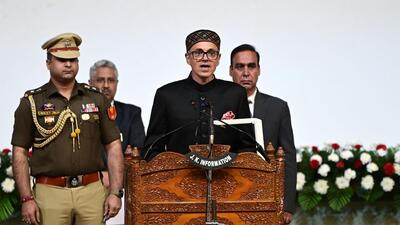 National Conference vice president Omar Abdullah takes oath as Jammu and Kashmir chief minister, at Sher-i-Kashmir International Conference Centre (SKICC) in Srinagar,on Wednesday. (Waseem Andrabi/HT Photo) National Conference vice president Omar Abdullah takes oath as Jammu and Kashmir chief minister, at Sher-i-Kashmir International Conference Centre (SKICC) in Srinagar,on Wednesday. (Waseem Andrabi/HT Photo)