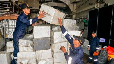 Security personnel dispatch relief material to Typhoon Yagi-hit Myanmar, Vietnam and Laos. (PTI) Security personnel dispatch relief material to Typhoon Yagi-hit Myanmar, Vietnam and Laos. (PTI)