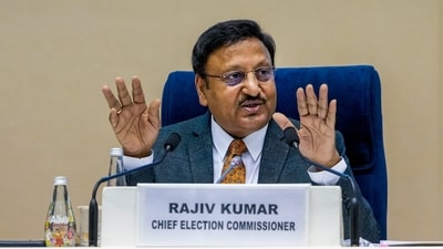 Chief election commissioner Rajiv Kumar during a press conference on October 15, 2024. (PTI) Chief election commissioner Rajiv Kumar during a press conference on October 15, 2024. (PTI)
