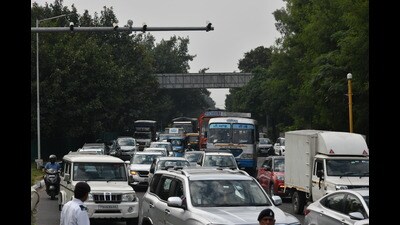 Restrictions will also be in place on Madhya Marg from Dhillon Barrier to Railway light point and right turn towards Kishangarh Chowk till Hotel The Lalit from 2 pm to 2.30 pm. (Ravi Kumar/HT) Restrictions will also be in place on Madhya Marg from Dhillon Barrier to Railway light point and right turn towards Kishangarh Chowk till Hotel The Lalit from 2 pm to 2.30 pm. (Ravi Kumar/HT)