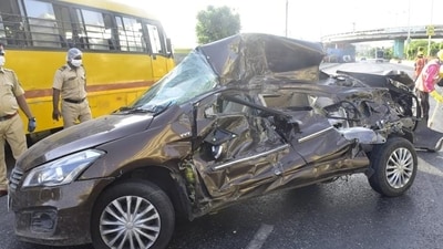 The accident took place on May 12, 2020, during the Covid-19 lockdown, at around 5.15 pm, when the accused, 19-year-old Shourya Jain crashed the Maruti Suzuki Ciaz he was driving into a stationary bus at B D Somani Chowk at Marine Drive. (Anshuman Poyrekar/HT Photo) The accident took place on May 12, 2020, during the Covid-19 lockdown, at around 5.15 pm, when the accused, 19-year-old Shourya Jain crashed the Maruti Suzuki Ciaz he was driving into a stationary bus at B D Somani Chowk at Marine Drive. (Anshuman Poyrekar/HT Photo)