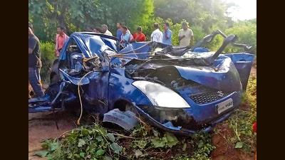 The mangled car after an accident at Shivampet Mandal in Medak district, Telangana, on Wednesday. (PTI) The mangled car after an accident at Shivampet Mandal in Medak district, Telangana, on Wednesday. (PTI)