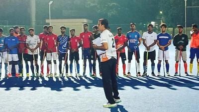 UP Hockey’s chief coach Rajneesh Mishra ( C) talks to players during a camp at the Mohd Shahid Hockey Stadium in Lucknow. (HT) UP Hockey’s chief coach Rajneesh Mishra ( C) talks to players during a camp at the Mohd Shahid Hockey Stadium in Lucknow. (HT)