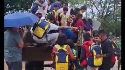In the video, the school students are stuffed inside a tractor and dropped off at their homes after the school bus breaks down. In the video, the school students are stuffed inside a tractor and dropped off at their homes after the school bus breaks down.