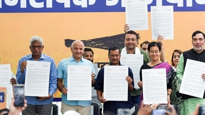 Delhi chief minister Atishi, Aam Aadmi Party (AAP) national convenor Arvind Kejriwal, party leader Manish Sisodia and others during the launch of the party's ‘Jan Sampark Abhiyan’, at the party headquarters in New Delhi on Wednesday. (ANI) Delhi chief minister Atishi, Aam Aadmi Party (AAP) national convenor Arvind Kejriwal, party leader Manish Sisodia and others during the launch of the party's ‘Jan Sampark Abhiyan’, at the party headquarters in New Delhi on Wednesday. (ANI)