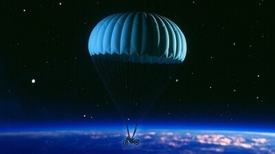 The new EV motorcycle which will launch on November 04, 2024, was teased by Royal Enfield, showing a motorcycle gently floating down from the sky on a parachute. (Royal Enfield) The new EV motorcycle which will launch on November 04, 2024, was teased by Royal Enfield, showing a motorcycle gently floating down from the sky on a parachute. (Royal Enfield)