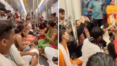In the video, dozens of youngsters, dressed in dandiya outfits and ethnic attire, can be seen occupying an entire Metro coach (X/@WazBLR) In the video, dozens of youngsters, dressed in dandiya outfits and ethnic attire, can be seen occupying an entire Metro coach (X/@WazBLR)