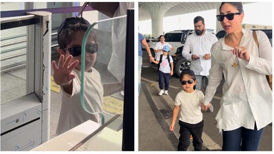 Kareena Kapoor and her sons Taimur and Jeh embraced casual, white outfits for the airport. Kareena Kapoor and her sons Taimur and Jeh embraced casual, white outfits for the airport.