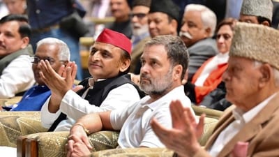 Leader of Opposition in Lok Sabha Rahul Gandhi, Samajwadi Party (SP) chief Akhilesh Yadav, CPI leader D Raja, AAP leader Sanjay Singh and others during the oath-taking ceremony of Jammu and Kashmir chief minister Omar Abdullah, in Srinagar. (PTI) Leader of Opposition in Lok Sabha Rahul Gandhi, Samajwadi Party (SP) chief Akhilesh Yadav, CPI leader D Raja, AAP leader Sanjay Singh and others during the oath-taking ceremony of Jammu and Kashmir chief minister Omar Abdullah, in Srinagar. (PTI)