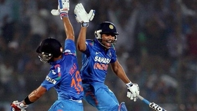 Rohit Sharma and Virat Kohli celebrate a phenomenal partnership vs Australia in Jaipur. (BCCI) Rohit Sharma and Virat Kohli celebrate a phenomenal partnership vs Australia in Jaipur. (BCCI)