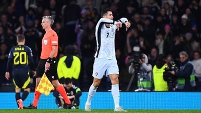Cristiano Ronaldo showed a double thumbs down after Portugal was held scoreless by Scotland. Cristiano Ronaldo showed a double thumbs down after Portugal was held scoreless by Scotland.