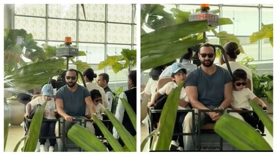 Saif Ali Khan was seen sitting in between Taimur and Jeh during a buggy ride at the airport. Saif Ali Khan was seen sitting in between Taimur and Jeh during a buggy ride at the airport.
