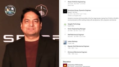 The post shows the work experience section of the LinkedIn profile of Sanjeev Sharma who is currently the principal engineer at SpaceX. (LinkedIn/SanjeevSharma) The post shows the work experience section of the LinkedIn profile of Sanjeev Sharma who is currently the principal engineer at SpaceX. (LinkedIn/SanjeevSharma)