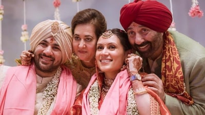 Karan Deol with his wife Drisha Deol accompanied by Sunny and Pooja Deol Karan Deol with his wife Drisha Deol accompanied by Sunny and Pooja Deol