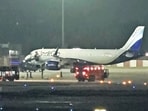An IndiGo aircraft after it made an emergency landing following a bomb threat, at Jaipur airport on Tuesday. (PTI) An IndiGo aircraft after it made an emergency landing following a bomb threat, at Jaipur airport on Tuesday. (PTI)