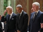 U.S. President Joe Biden, former U.S. President Barack Obama, former U.S. President President Bill Clinton and U.S. Representative Nancy Pelosi (D-CA) attend the memorial service for Ethel Kennedy at the Cathedral of St. Matthew the Apostle in Washington, U.S., October 16, 2024. REUTERS/Leah Millis