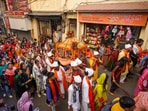 Devotees take part in a 'shobha yatra' ahead of Valmiki Jayanti in Shimla on October 15. 