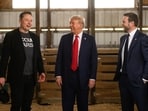 Former US President Donald Trump, center, and Senator JD Vance, right, a Republican from Ohio and Republican vice-presidential nominee, greet Elon Musk, chief executive officer of Tesla Inc., backstage prior to a campaign event at the Butler Farm Show in Butler, Pennsylvania, US, on Saturday, Oct. 5, 2024. Former US President Donald Trump, center, and Senator JD Vance, right, a Republican from Ohio and Republican vice-presidential nominee, greet Elon Musk, chief executive officer of Tesla Inc., backstage prior to a campaign event at the Butler Farm Show in Butler, Pennsylvania, US, on Saturday, Oct. 5, 2024.