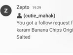 The Bengaluru woman received this notification from Zepto. 