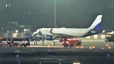 An IndiGo aircraft after it made an emergency landing following a bomb threat, at Jaipur airport on Tuesday. (PTI) An IndiGo aircraft after it made an emergency landing following a bomb threat, at Jaipur airport on Tuesday. (PTI)
