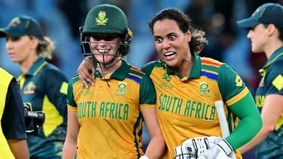South Africa's Anneke Bosch (L) and Chloe Tryon celebrate their win at the end of the ICC Women's T20 World Cup cricket semi-final match against Australia (AFP) South Africa's Anneke Bosch (L) and Chloe Tryon celebrate their win at the end of the ICC Women's T20 World Cup cricket semi-final match against Australia (AFP)