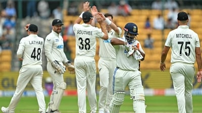 New Zealand's players celebrate after the dismissal of India's Rishabh Pant. (AFP) New Zealand's players celebrate after the dismissal of India's Rishabh Pant. (AFP)