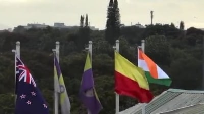 Karnataka flag seen flying at the M. Chinnaswamy Stadium. (X/Harish Itagi) Karnataka flag seen flying at the M. Chinnaswamy Stadium. (X/Harish Itagi)
